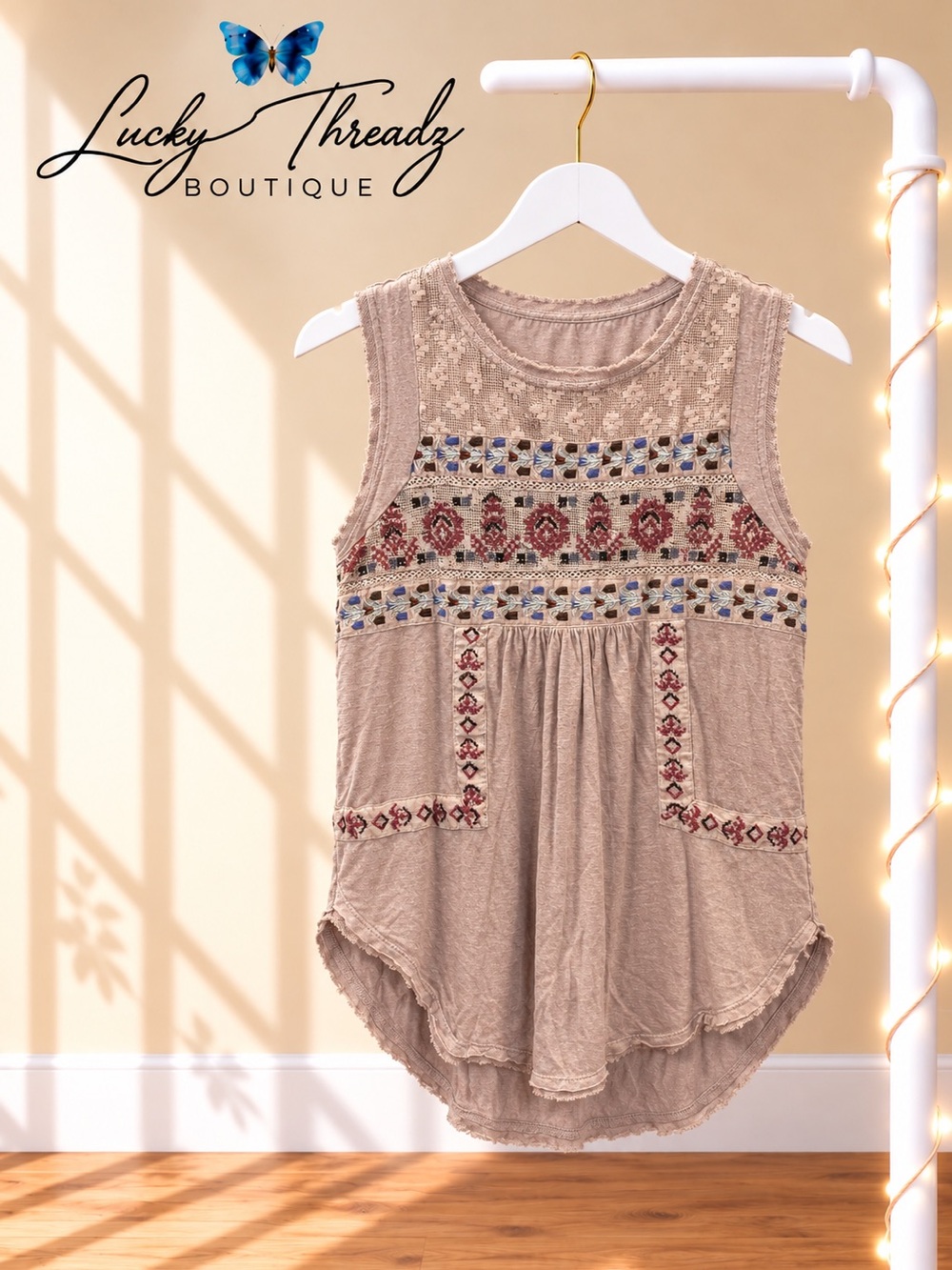 Free People XS Boho Embroidered Tank Top Lace Mesh Linen Tunic High Low Taupe